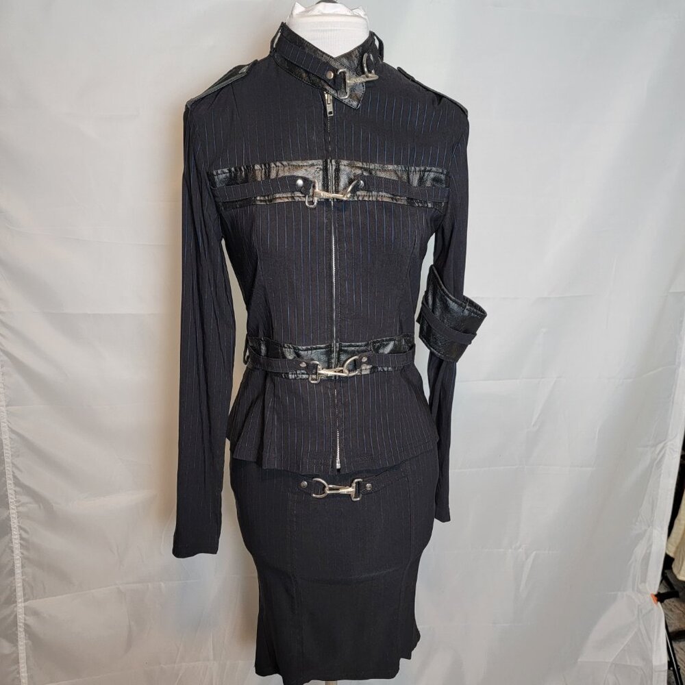 Lip Service Goth Blk Pinstripe Ladies Jacket & Skirt, Jr Med, hardware accents